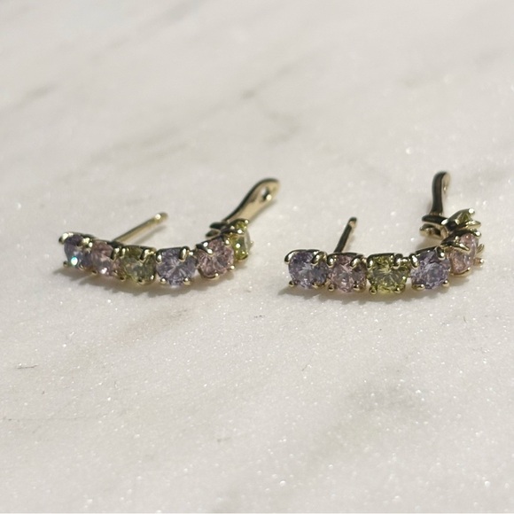 Multicolor Pastel Purple Pink Yellow Gemstone Hoop Gold Tone Earrings - Picture 3 of 15